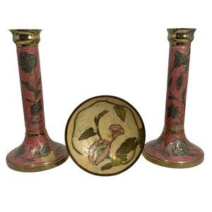 VTG Solid Brass Candle Holders & Decorative Bowl Set Floral Made In India FLAW
